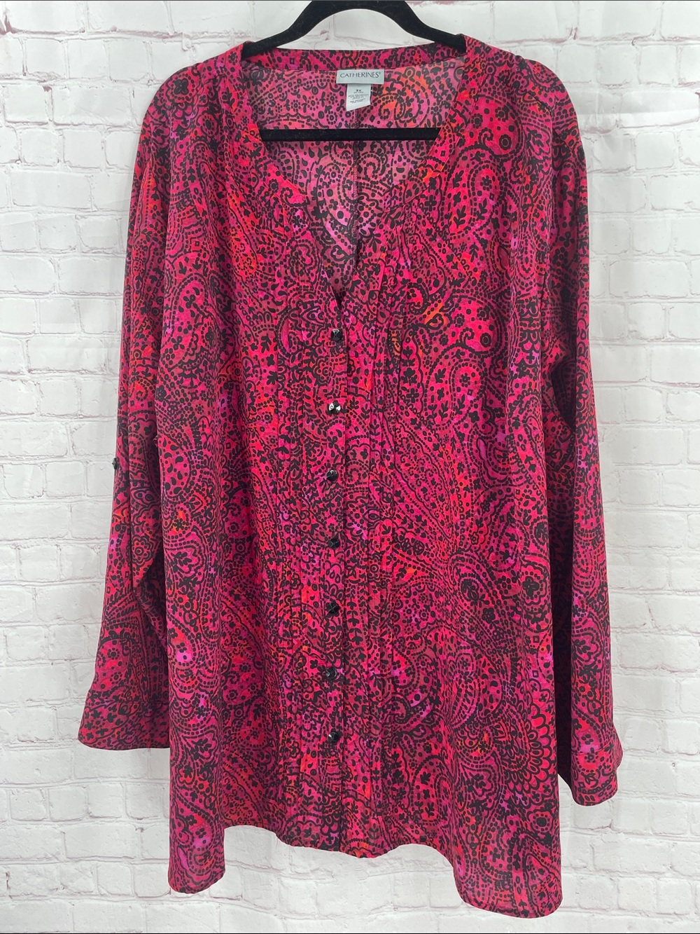 Catherines Hot Pink Paisley Button-Up Tunic 3X Plus Size
